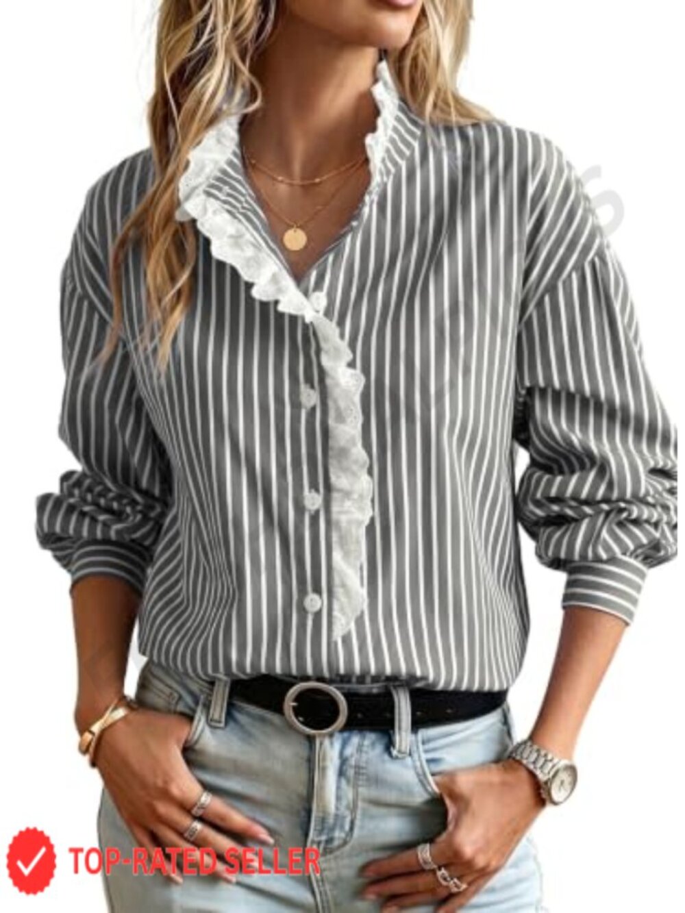 Womens Gingham Button Down Shirt Lace Trim Collared Long Sleeve Blouse